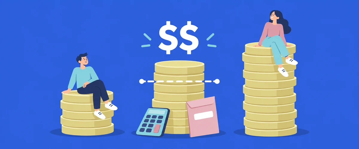 An illustration of three different-height stacks of pay coins, with two workers sitting on the outer stacks and a calculator below the central stack marked with two dollar signs.