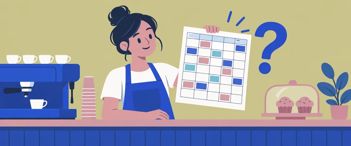 An illustration of a cafe worker in an apron holding up a large shift roster sheet beside a question mark, with a coffee machine on the counter.