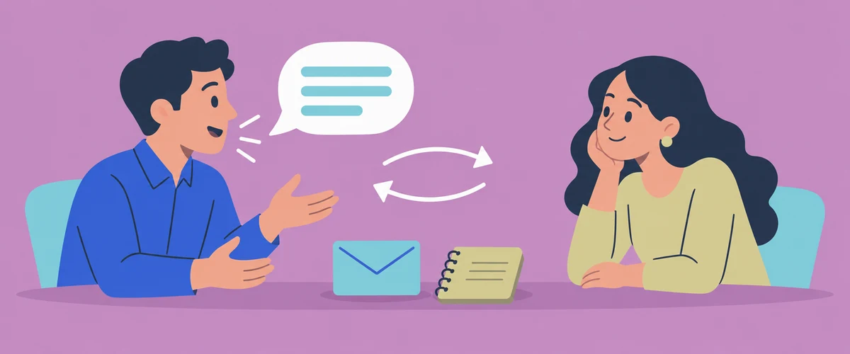 An illustration of two colleagues talking and listening across a table, with a two-way arrow between them and an envelope and notebook representing written communication.
