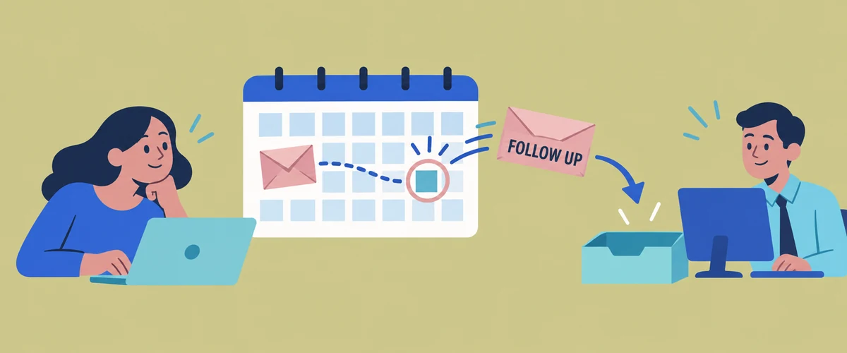 An illustration of an application envelope moving along a calendar timeline to a circled date, where a second envelope marked FOLLOW UP travels towards an employer inbox.