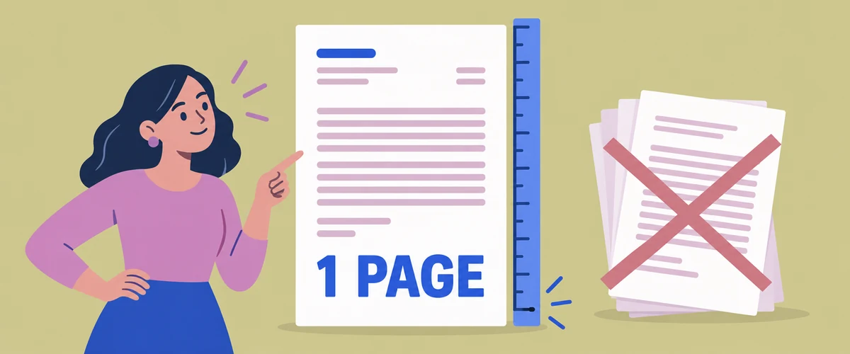 An illustration of a single cover-letter page measured with a ruler and marked 1 PAGE, beside a crossed-out stack of extra pages.