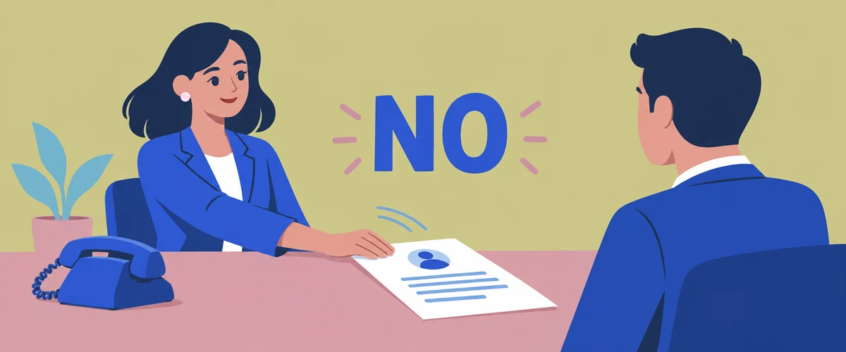 An illustration of a hand pushing a document back across a desk with the word NO above it, and a telephone beside it.
