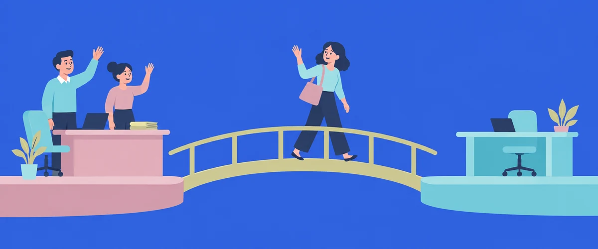 An illustration of a person walking across an intact bridge from one office to another while former colleagues wave goodbye.