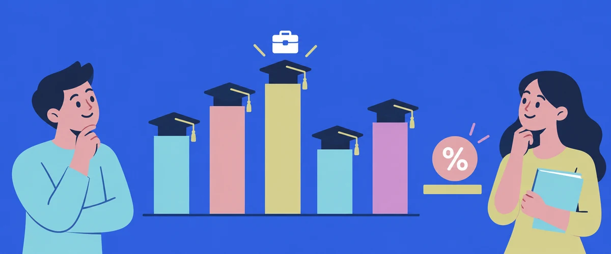 An illustration of graduation caps on outcome bars of different heights, with briefcase, coin and percentage symbols representing graduate employment and starting salaries.