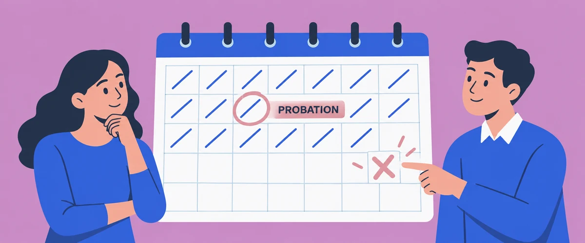 An illustration of a wall calendar with most days crossed off in single strokes, one day circled and labelled probation, and a later day marked with a different symbol.