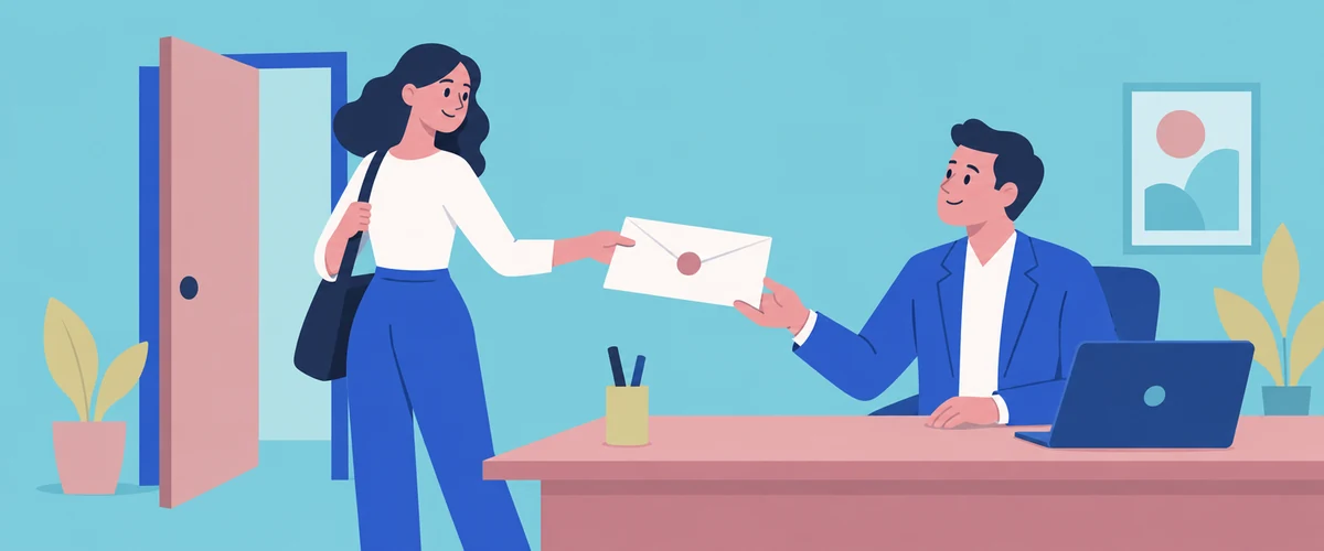 An illustration of one person handing a sealed envelope across a desk to a seated colleague, with an open office door behind them.