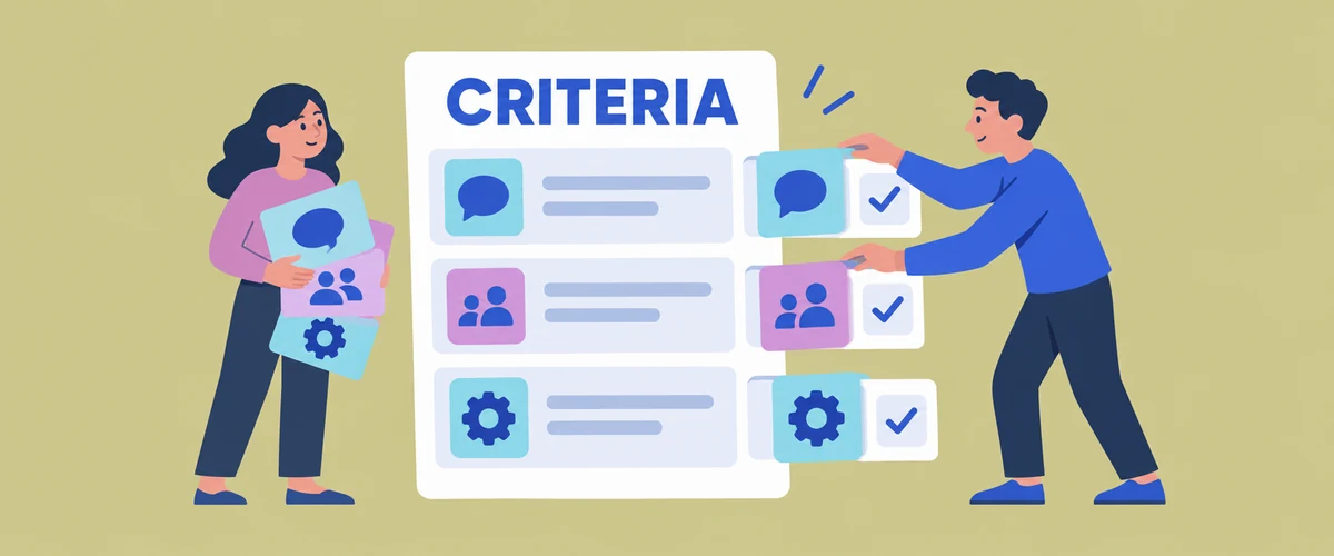 An illustration of three evidence cards being matched to rows on an assessment sheet marked CRITERIA, with a tick beside each completed match.