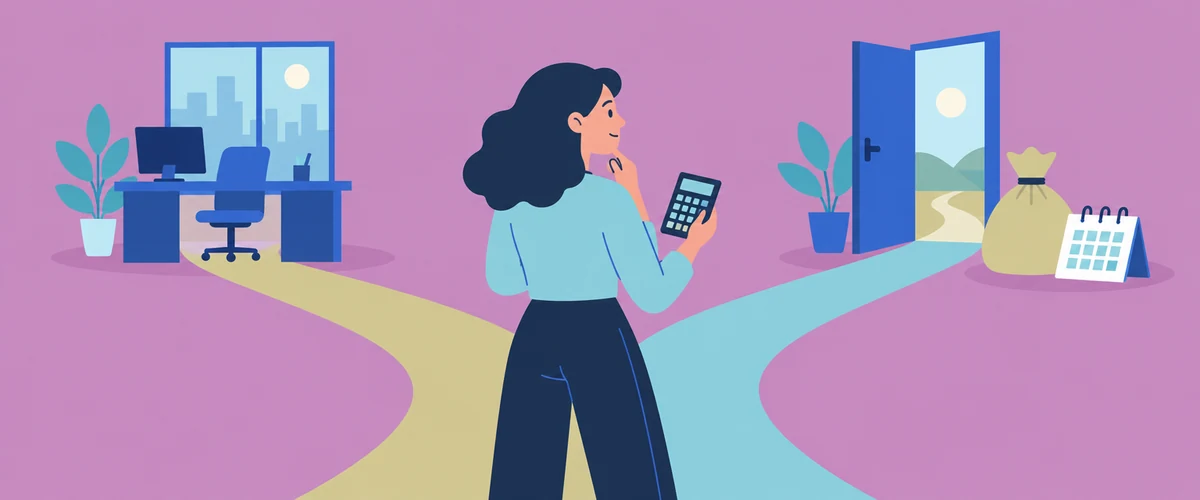 An illustration of a worker using a calculator while choosing between a path back to an office desk and a path to an open door with a payout.