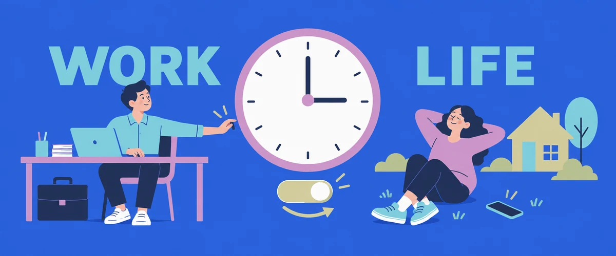 An illustration of a day divided around a clock, with a laptop and briefcase stopping at the end of work and a home, walking shoes and resting phone on the life side.