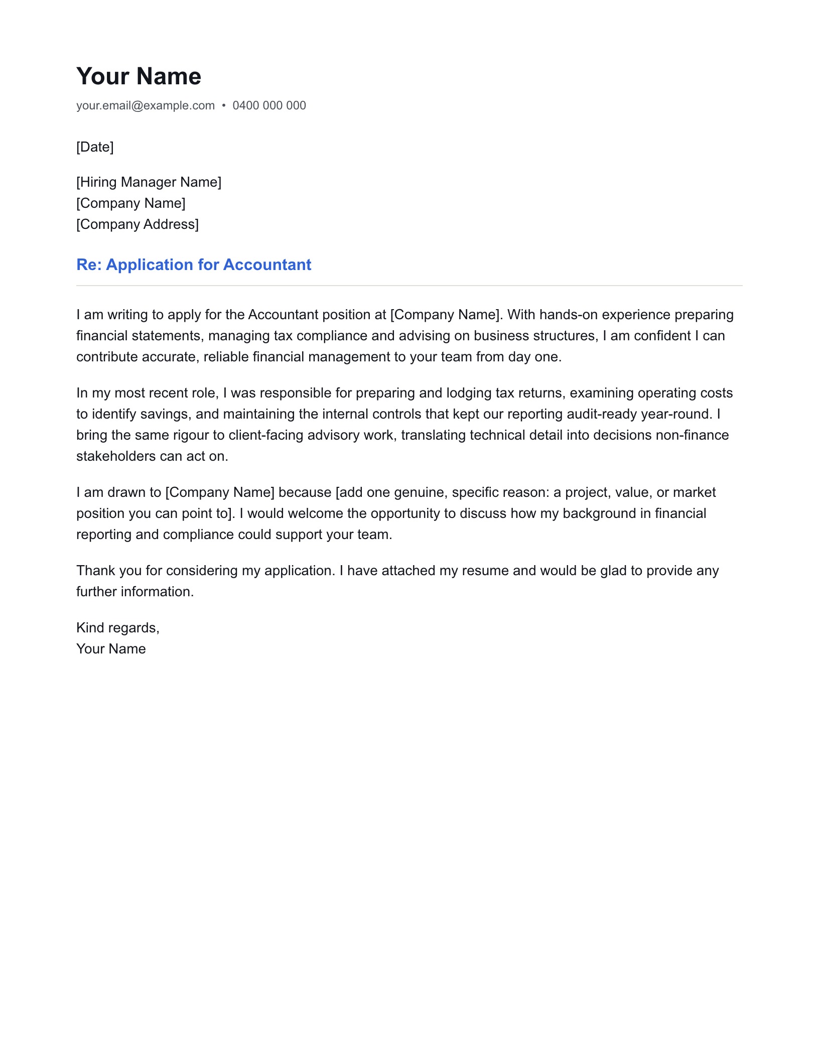 Accountant cover letter template preview: an Australian example letter with an opening, evidence paragraphs and a closing sign-off filled in