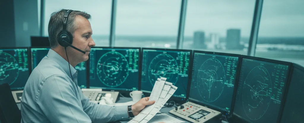 Illustration of a person working as an air traffic controller