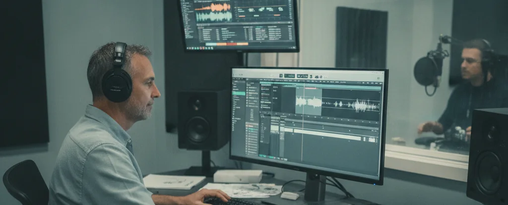 Illustration of a person working as a podcast producer