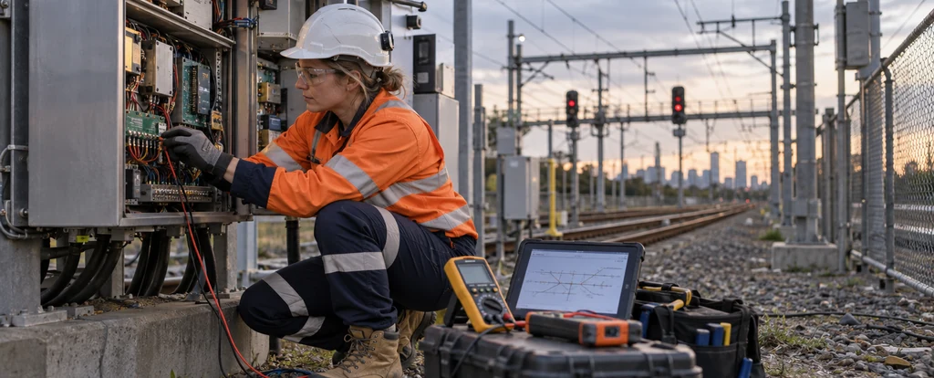 Illustration of a person working as a railway signal electrician