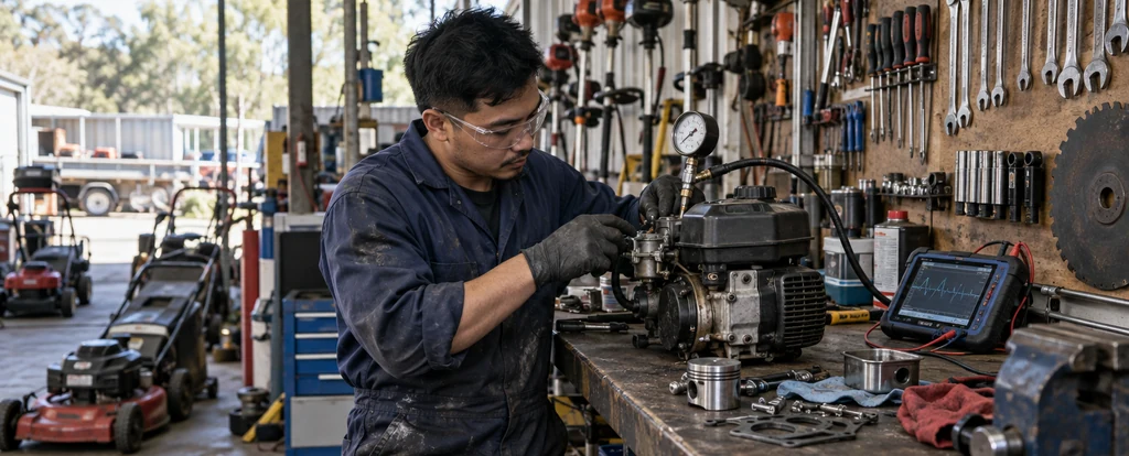 Illustration of a person working as a small engine mechanic