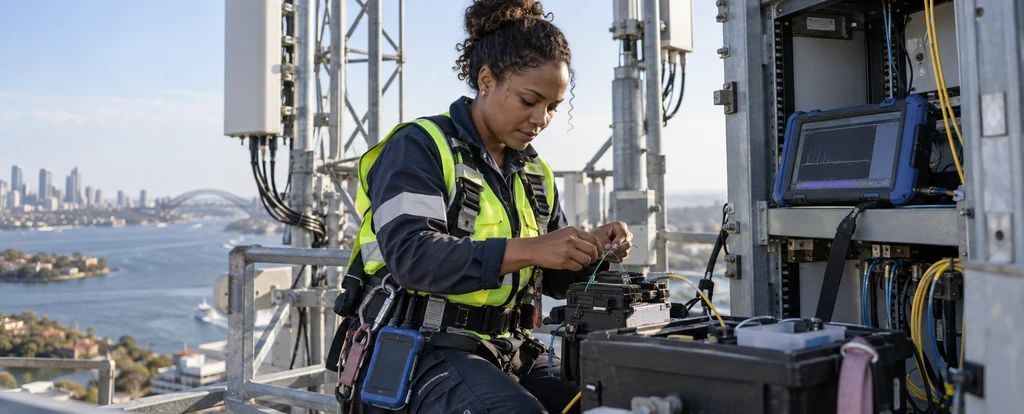 Illustration of a person working as a telecommunications technician