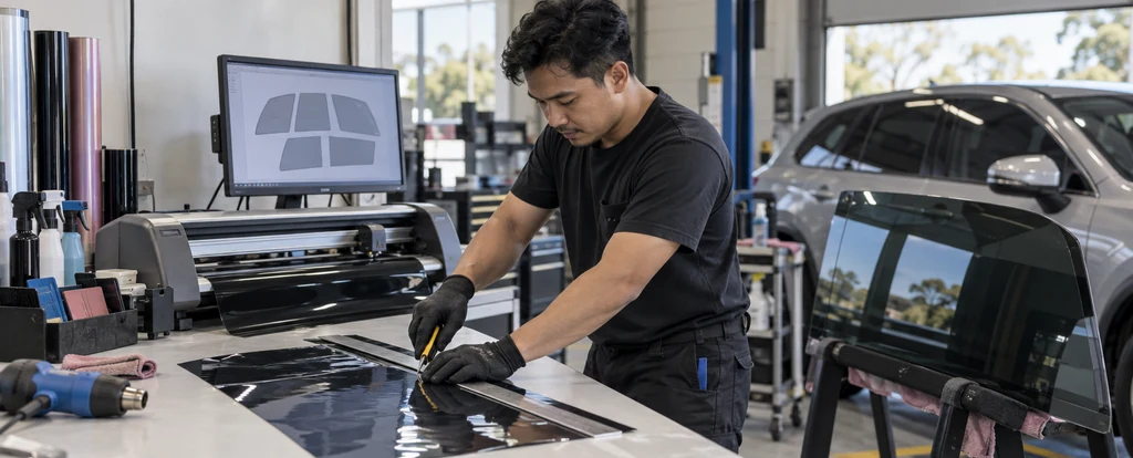 Illustration of a person working as a window tinter