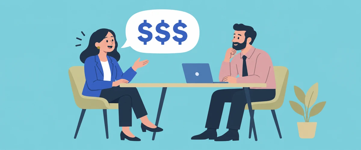 An illustration of an employee and a manager talking across a desk, with a large speech bubble above the employee.